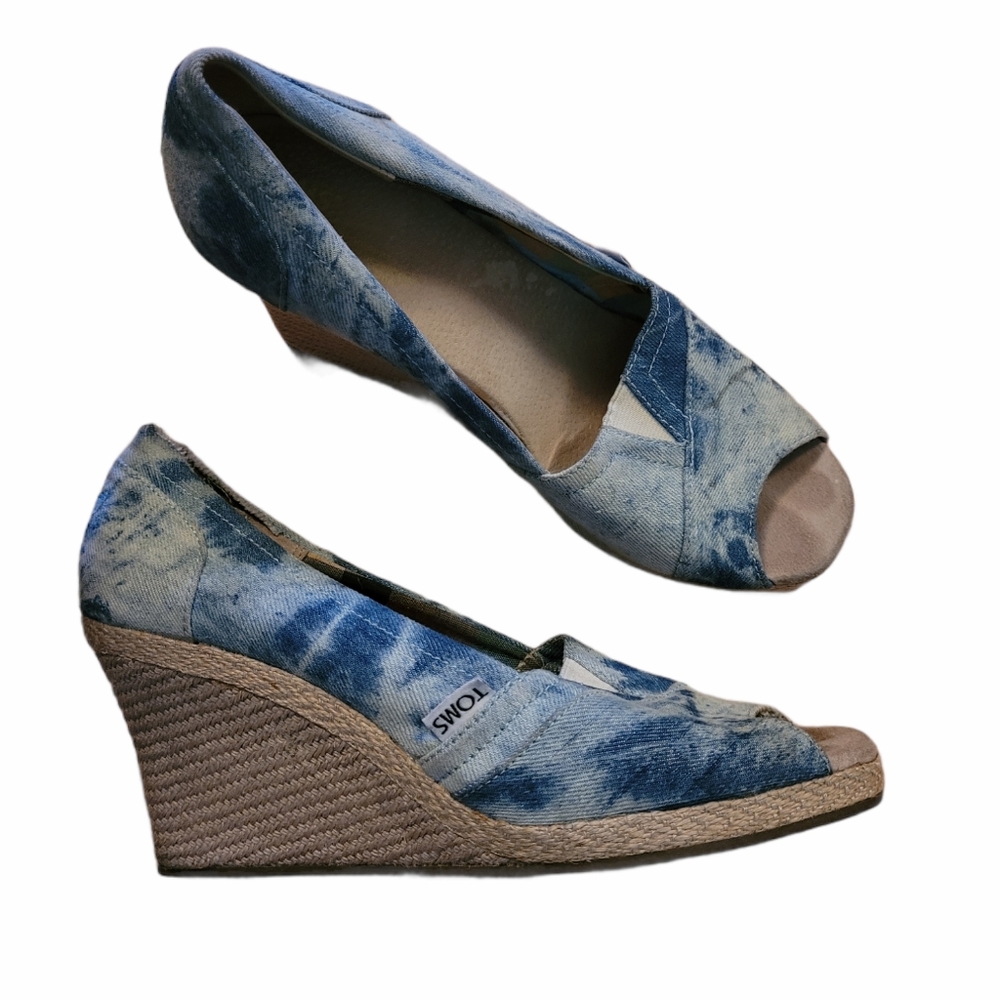 Toms Blue Tie Dye Denim Platform Wedge Sandals